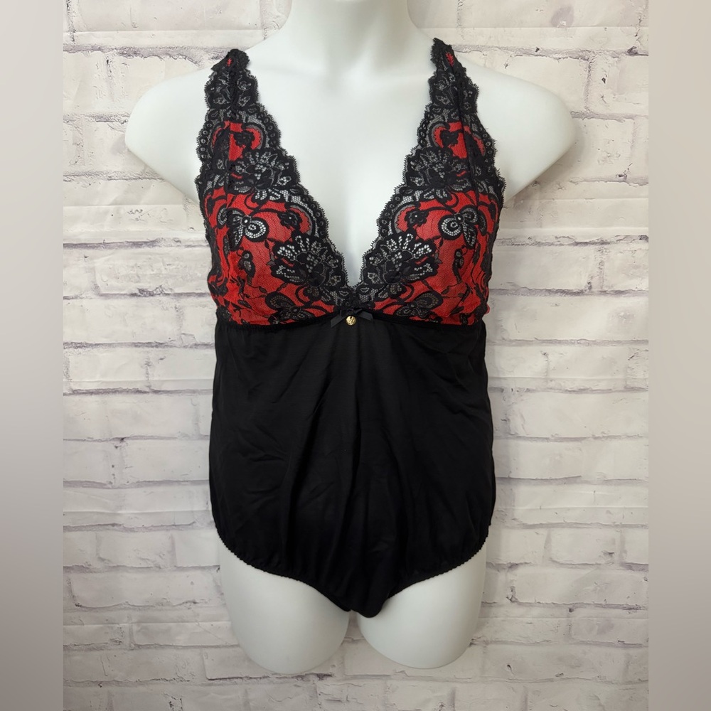 Cacique Size 14/16 No Wire Lace Bodysuit Playsuit‎ Black and Red Sheer Lace
